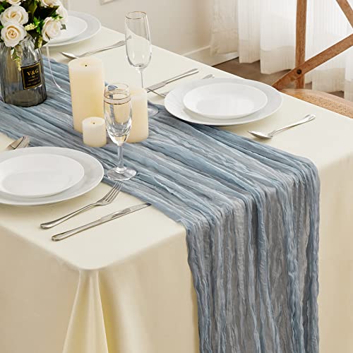 Dusty Blue Cheesecloth Tischläufer-13.3Ft Boho Gaze Cheese Cloth Tischläufer 90 * 400cm Lang Romantischer Tischläufer für Hochzeit Braut Babyparty Geburtstagsfeier Tischdekoration von EUHAMS