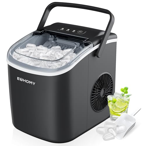 EUHOMY Eiswürfelmaschine Klein, 12KG Eiswürfelbereiter Ice Maker, 9 Würfel in 6 Minuten fertig, Schwarz Eiswürfelmaschine mit Tragbarem Griff, 12KG/24H, Selbstreinigendes Eiswürfelmaschinen von EUHOMY