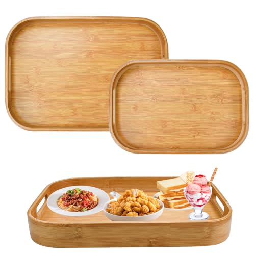 EUIEUT 2 Stk Tablett Bambus Serviertablett Frühstückstablett mit Griffen Bambus Essen Tablett Rechteckig Holztablett Bambustablett Küchentablett Serving Tray Ideal zum Tragen von Speisen und Getränken von EUIEUT