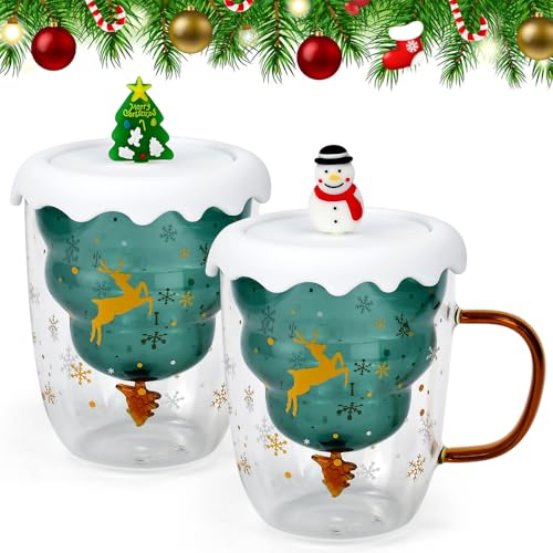 EUIEUT 2 Stück Weihnachten Becher 300ml Weihnachtstasse Weihnachtsbaum Kaffeeglas Teegläser Trinkgläser Kaffeegläser Doppelwandige Süße tassen Trinkbecher mit Deckel Weihnachtsgeschenke Christmas Mug von EUIEUT