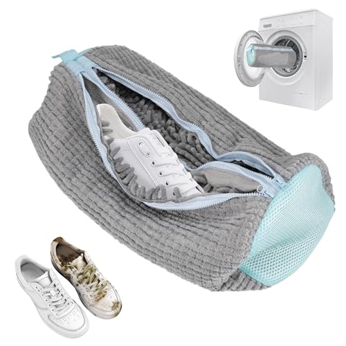 2 in 1 Schuhwaschbeutel Waschmaschine, Doppel -Reißverschluss Doppeltaschen Schuhbeutel, Schuhwaschbeutel mit zwei Fächern, 360° Allround Reinigung, Wiederverwendbar für Schuharten und Größen (Grau) von EUIOOVM