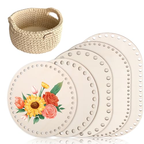 EUIOOVM 5 Stück Korbboden zum Häkeln, Holzboden Blank Naturholzkorbboden Set Gehäkelter Taschenboden Zum Häkeln Kreis für DIY Korbflechten Liefert Basteln 15/20/25/30cm Ovaler/Rund von EUIOOVM