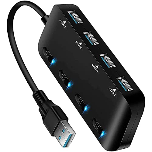 EUKKIC USB 3.0 Hub Ultradünner USB-Splitter, 4 Ports USB-Verlängerung mit individuellem Ein-/-Schalter, tragbarer Erweiterungsdaten-Hub von EUKKIC