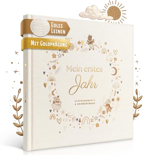 EULENTALER® Babyalbum - Mein erstes Jahr I Echtes Leinencover mit Goldprägung I Von Pädagogen gestaltet I Handgemalten süßen Tiere im Scandi Stil I 21x21 cm I Babytagebuch mit allen Meilensteinen von EULENTALER
