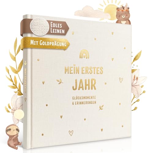 EULENTALER® Babytagebuch - Mein erstes Jahr I Echtes Leinencover mit Goldprägung I Von Pädagogen gestaltet I Handgemalten süßen Illustrationen im Boho Stil I 21x21 cm I Babyalbum von EULENTALER