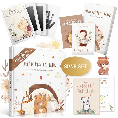 EULENTALER® "Mein erstes Jahr" Spar-Bundle I Boho I Von Pädagogen gestaltet I 1x Babytagebuch, 1x Meilensteinkarten-Set, 1x Abdruckset Baby I Mein Babyalbum, Geschenkidee zur Geburt von EULENTALER