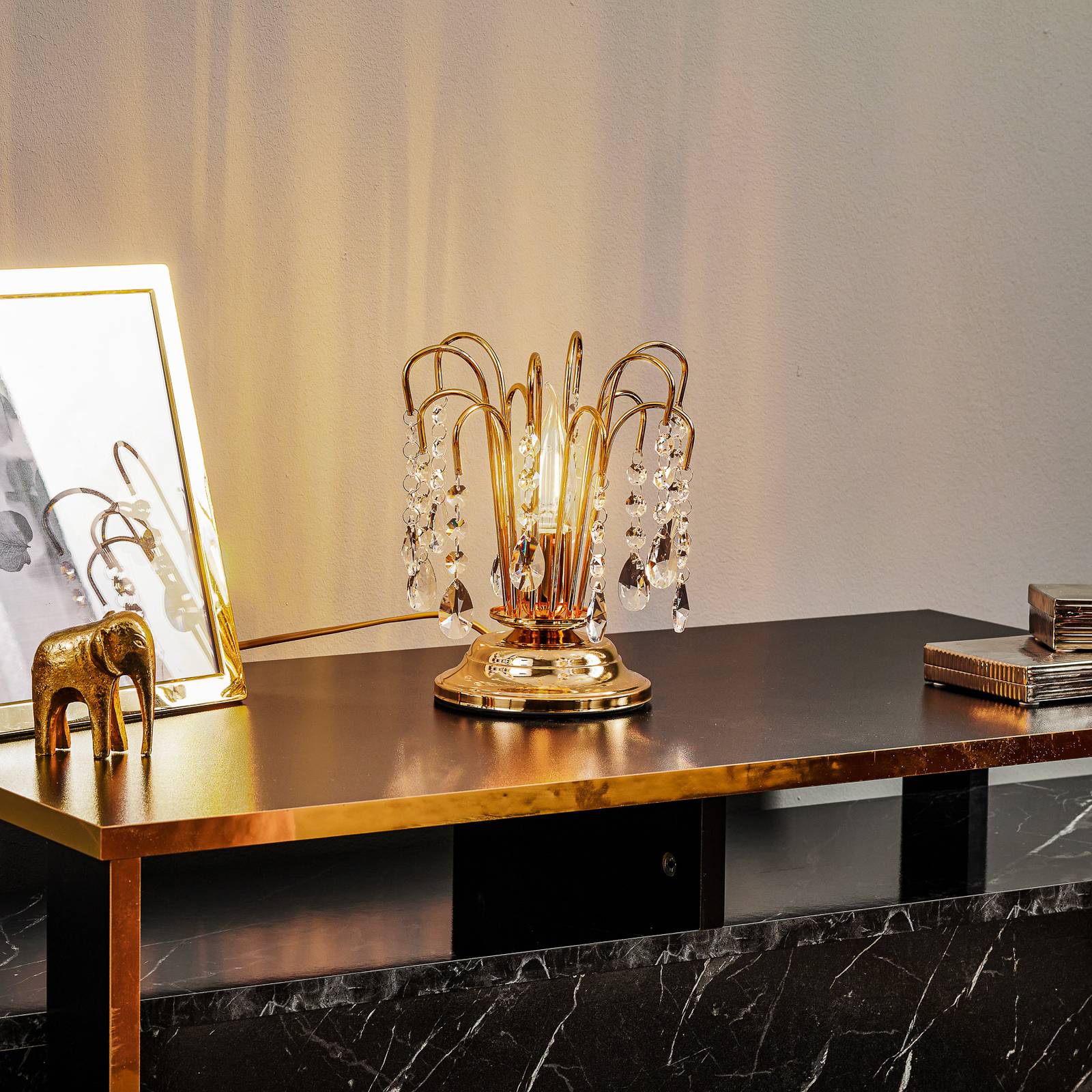 Tischlampe Pioggia mit Kristallregen, 26cm, gold von ONLI