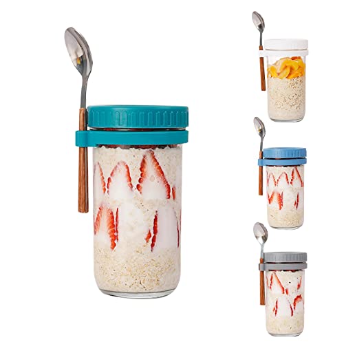 EUNEWR Overnight Oats Behälter, 4PCS Overnight Oats Gläser mit Deckel und Löffel, 350 ml / 600 ml Tragbarer Glas Haferflocken Behälter mit Messmarkierungen für Milch, Müsli, Obst (600ML) von EUNEWR