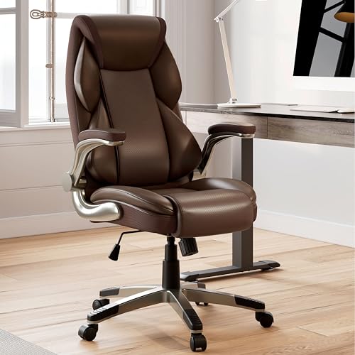 EUREKA ERGONOMIC Chefsessel Bürostuhl, PC Stuhl aus Kunstleder mit klappbaren Armlehnen, Schreibtischstuhl mit Hohe Rückenlehne und Höhenverstellbar, 360° Drehstuhl für Büro/Zuhause- Braun von EUREKA ERGONOMIC