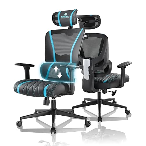 EUREKA ERGONOMIC Gaming Stuhl, Ergonomischer Bürostuhl mit Verstellbarer Lordosenstütze und Kopfstütze, PC Stuhl mit Atmungsaktive Elastische Sitzkissen, 136 KG, Schwarz&Blau von EUREKA ERGONOMIC