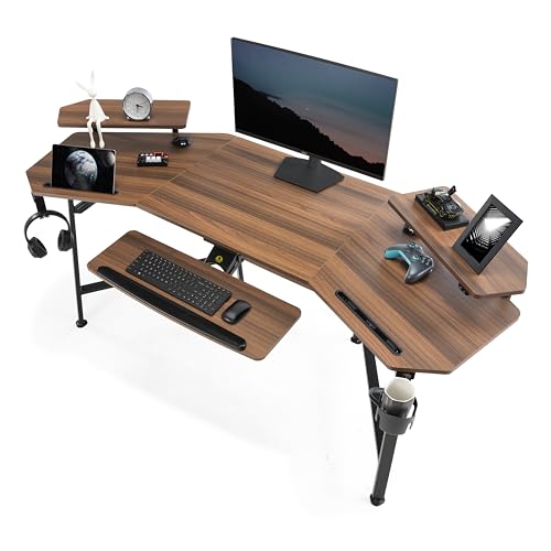 EUREKA ERGONOMIC Gaming Tisch Groß Gaming Schreibtisch in Flügelform PC Computertisch 82x76cm mit LED,Tastaturablage, 2 Monitorregal, Kopfhörerhaken für Home Office Studio Live-Streaming von EUREKA ERGONOMIC