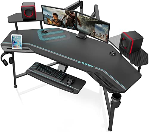EUREKA ERGONOMIC Gaming Tisch mit LED 182x76cm Groß Gaming Schreibtisch in Flügelform PC Computertisch mit Tastaturablage,2 Monitorständer,Kopfhörerhaken für Home Office Studio Live-Streaming von EUREKA ERGONOMIC