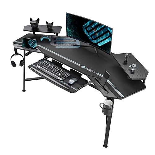 EUREKA ERGONOMIC Gaming Tisch mit LED 182x76cm Groß Gaming Schreibtisch in Flügelform PC Computertisch mit Tastaturablage,2 Monitorständer,Kopfhörerhaken für Home Office Studio Live-Streaming von EUREKA ERGONOMIC