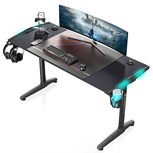 EUREKA ERGONOMIC Gaming Tisch mit LED Groß Gamer Tisch 140 × 60 cm Gaming Schreibtisch PC Computertisch mit Kabelmanagement Gaming Computertisch, Getränkehalter und Kopfhörerhalter Schwarz von EUREKA ERGONOMIC