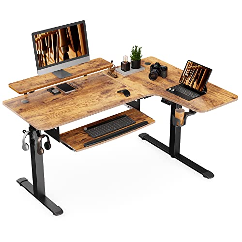 EUREKA ERGONOMIC Höhenverstellbarer Schreibtisch 155x110 cm Großer Eckschreibtisch Höhenverstellbar Schreibtisch Höhenverstellbar Elektrisch L Form mit Tastaturablage, LED Monitorständer von EUREKA ERGONOMIC