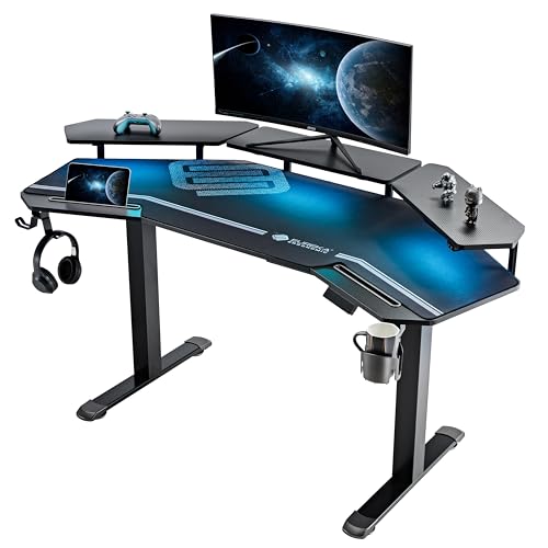 EUREKA ERGONOMIC Höhenverstellbarer Schreibtisch 160×74cm Flügelförmiger Gaming Tisch Höhenverstellbar Elektrisch Doppelmotor Groß Gaming Schreibtisch mit Led, Monitorständer und Tastaturablage von EUREKA ERGONOMIC