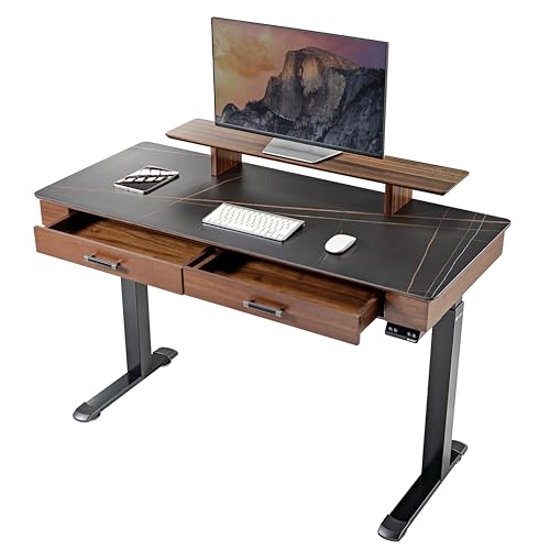 EUREKA ERGONOMIC Höhenverstellbarer Schreibtisch Elektrisch 140x60cm Großer Computertisch mit Schieferplatte Doppelmotor Elektrischer Stehpult Pc Tisch mit Doppelschublade,Monitorständer von EUREKA ERGONOMIC