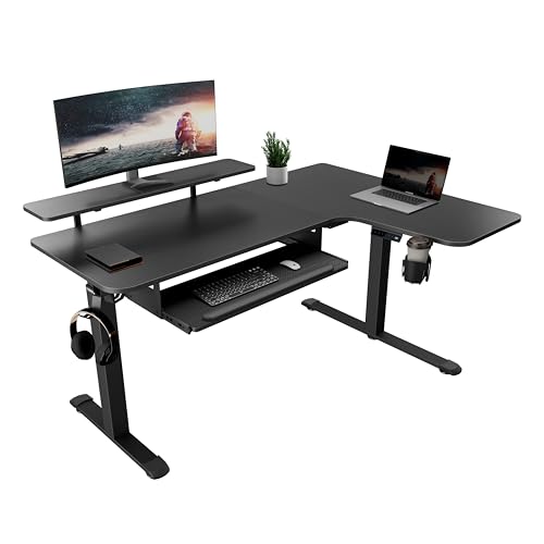 EUREKA ERGONOMIC Höhenverstellbarer Schreibtisch 155x110 cm Großer Eckschreibtisch Höhenverstellbar Schreibtisch Höhenverstellbar Elektrisch L Form mit Tastaturablage, LED Monitorständer von EUREKA ERGONOMIC