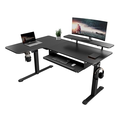 EUREKA ERGONOMIC Höhenverstellbarer Schreibtisch 155x110 cm Großer Eckschreibtisch Höhenverstellbar Schreibtisch Höhenverstellbar Elektrisch Gaming Tisch L Form mit Tastaturablage, LED Monitorständer von EUREKA ERGONOMIC