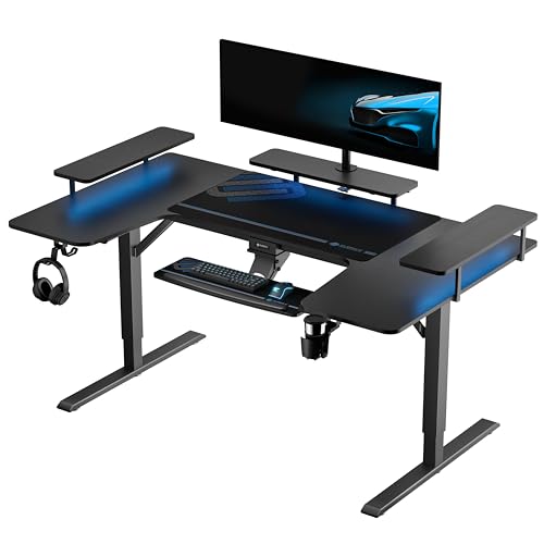 EUREKA ERGONOMIC Höhenverstellbarer Schreibtisch Elektrisch 190×110 cm U-förmiger Gaming Tisch Große Eckschreibtisch Höhenverstellbar mit Tastaturablage, Computertisch mit 3 LED Monitorständern von EUREKA ERGONOMIC