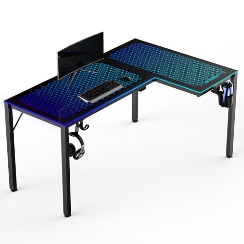 EUREKA ERGONOMIC Glas Gaming Tisch mit LED 152x102 cm RGB Gaming Eckschreibtisch L Form Großer PC Computertisch mit Musik Sync,APP Steuerung,Kopfhörerhaken, Getränkehalter von EUREKA ERGONOMIC