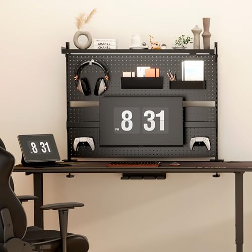 EUREKA ERGONOMIC LED Schreibtisch Stecktafel mit Dual Monitor Ständer 360° drehbar,Groß Pegboard Wand Organizer Gamer Computertisch Zubehör,Lochwand Lagerregal Büroregal Bürozubehör,schwarz von EUREKA ERGONOMIC