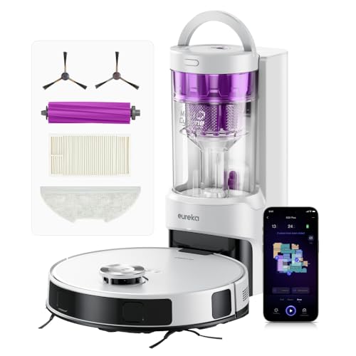EUREKA E20 Plus Saug- & Wischroboter + beutelloser Multi-Zyklon Absaugstation (Duo-KI-3D-Hindernisvermeidung & Night Vison, 8000Pa, bis zu 300m2, Anti-Haarverhedderung, App- & Sprachsteuerung) weiß von EUREKA