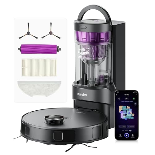EUREKA E20 Plus Saug- & Wischroboter + beutelloser Multi-Zyklon Absaugstation (Duo-KI-3D-Hindernisvermeidung & Night Vison, 8000Pa, bis zu 300m2, Anti-Haarverhedderung, App- & Sprachsteuerung) schwarz von EUREKA