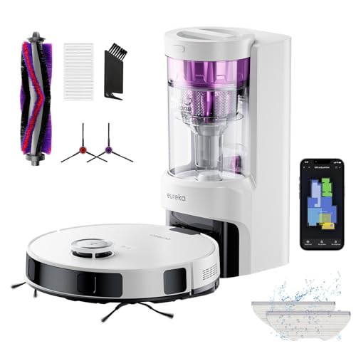 EUREKA E10s DE Saug- & Wischroboter + beutelloser Multi-Zyklon-Absaugstation (4000Pa, Auto Teppicherkennung & Auto Mop Lifting, LiDAR-Navigation, ideal gegen Tierhaare, App- & Sprachsteuerung) weiß von EUREKA