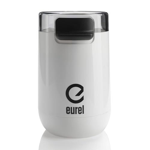 EUREL KMA weiße Kaffeemühle | Beste Mahlergebnisse I Mahlgrad variabel I Edelstahl Mahlbehälter und Messer | Kompaktes Design I Einfache Handhabung und Reinigung I EU-Design von EUREL
