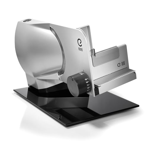 EUREL RS94 Allesschneider Elektrisch Silber – Brotschneidemaschine, Vollmetall, Glasplatte, Geschwindigkeitsregelung, 0–15mm, 100W DC, Servier- & Aufbewahrungsschale von EUREL