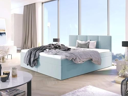 EURO-MOEBEL Bett Doppelbett Boxspringbett ARIS ohne Topper + 2 Bettkästen, H3 (Hellblau: Fuego 164, 140 x 200 cm) von EURO-MOEBEL