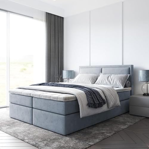 EURO-MOEBEL Bett Doppelbett Boxspringbett Bruno mit Topper Visco +2 Bettkästen, H3 (Grau : ITAKA 50, 140 x 200 cm) von EURO-MOEBEL