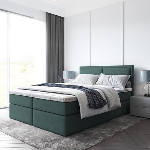 EURO-MOEBEL Bett Doppelbett Boxspringbett Bruno mit Topper Visco +2 Bettkästen, H3 (Grün : ITAKA 10, 140 x 200 cm) von EURO-MOEBEL