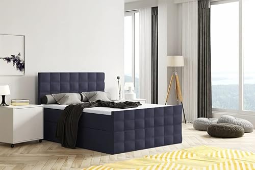 EURO-MOEBEL Bett Doppelbett Boxspringbett FARO Plus mit Fußtei Topper Visco + 2 Bettkästen, H3 (Dunkelblau-INARI 80, 160 x 200 cm) von EURO-MOEBEL