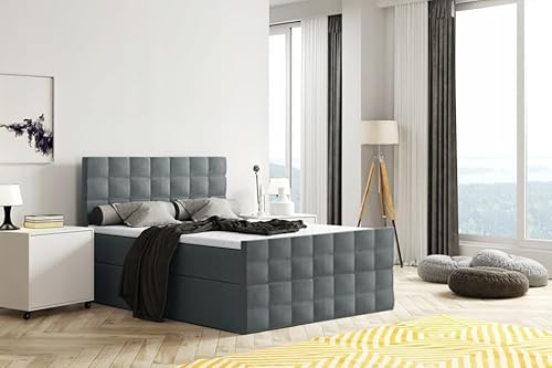 EURO-MOEBEL Bett Doppelbett Boxspringbett FARO Plus mit Fußtei Topper Visco + 2 Bettkästen, H3 (Grau-INARI 96, 140 x 200 cm) von EURO-MOEBEL