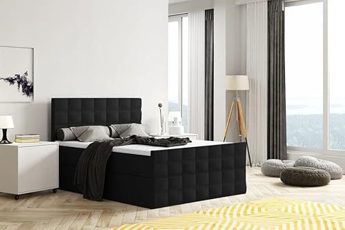 EURO-MOEBEL Bett Doppelbett Boxspringbett FARO Plus mit Fußtei Topper Visco + 2 Bettkästen, H3 (Schwarz-INARI 100, 140 x 200 cm) von EURO-MOEBEL