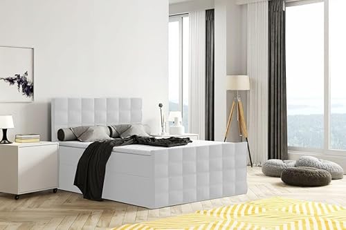EURO-MOEBEL Bett Doppelbett Boxspringbett FARO Plus mit Fußtei ohne Topper+ 2 Bettkästen, H3 (Kunstleder Weiss: MADRYT 120, 160 x 200 cm) von EURO-MOEBEL