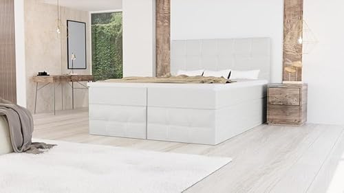 Bett Doppelbett Boxspringbett FARO mit Topper T25 + 2 Bettkästen, H3 (Kunstleder Weiss: MADRYT 120, 160 x 200 cm) von EURO-MOEBEL