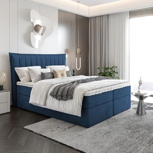 EURO-MOEBEL Bett Doppelbett Boxspringbett Luna Topper T25 + 2 Bettkästen, H3 (Dunkelblau : ITAKA 11, 140 x 200 cm) von EURO-MOEBEL