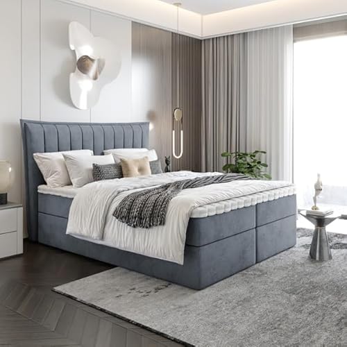 EURO-MOEBEL Bett Doppelbett Boxspringbett Luna Topper T25 + 2 Bettkästen, H3 (Dunkelgrau : ITAKA 14, 200 x 200 cm) von EURO-MOEBEL