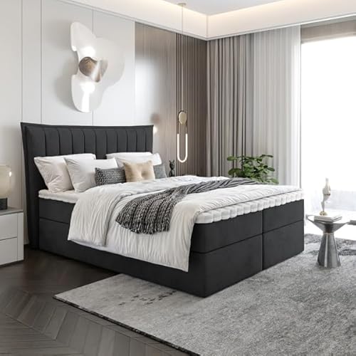 EURO-MOEBEL Bett Doppelbett Boxspringbett Luna Topper T25 + 2 Bettkästen, H3 (Schwarz : ITAKA 15, 120 x 200 cm) von EURO-MOEBEL
