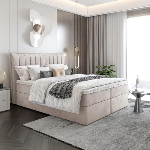 EURO-MOEBEL Bett Doppelbett Boxspringbett Luna Topper Visco + 2 Bettkästen, H3 (Beige : ITAKA 46, 160 x 200 cm) von EURO-MOEBEL