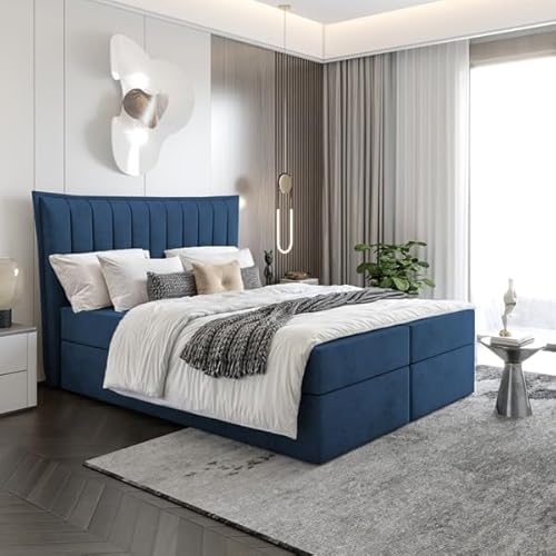 EURO-MOEBEL Bett Doppelbett Boxspringbett Luna Topper Visco + 2 Bettkästen, H3 (Dunkelblau : ITAKA 11, 140 x 200 cm) von EURO-MOEBEL