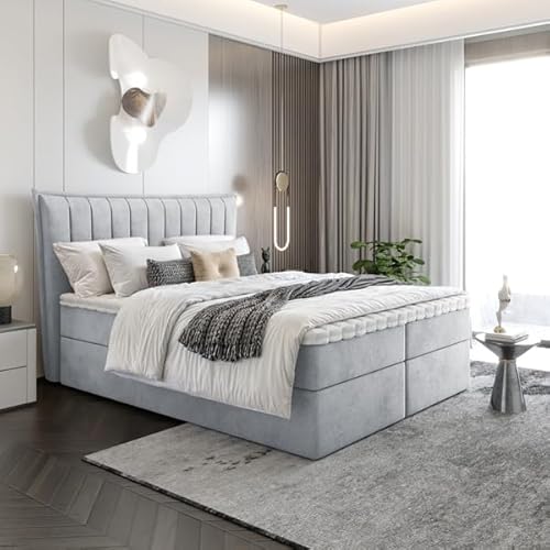 EURO-MOEBEL Bett Doppelbett Boxspringbett Luna ohne Topper + 2 Bettkästen, H3 (Hellgrau : ITAKA 51, 140 x 200 cm) von EURO-MOEBEL