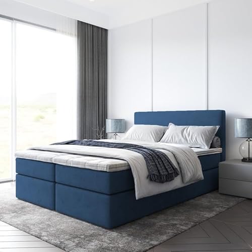 EURO-MOEBEL Bett Doppelbett Boxspringbett TOP mit Topper T25 + 2 Bettkästen, H3 (Dunkelblau : ITAKA11, 140 x 200 cm) von EURO-MOEBEL