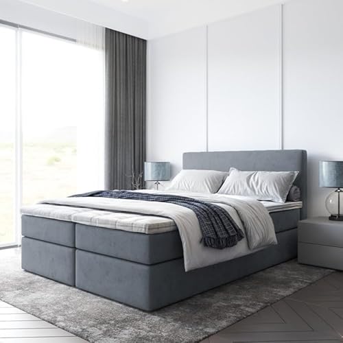 EURO-MOEBEL Bett Doppelbett Boxspringbett TOP mit Topper T25 + 2 Bettkästen, H3 (Dunkelgrau: ITAKA 14, 160 x 200 cm) von EURO-MOEBEL