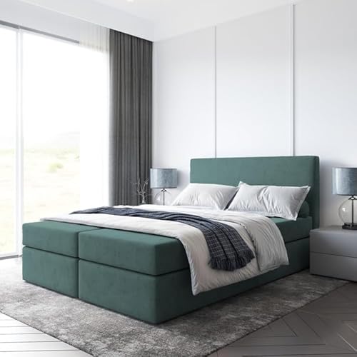EURO-MOEBEL Bett Doppelbett Boxspringbett TOP mit Topper T25 + 2 Bettkästen, H3 (Grün : ITAKA 10, 140 x 200 cm) von EURO-MOEBEL