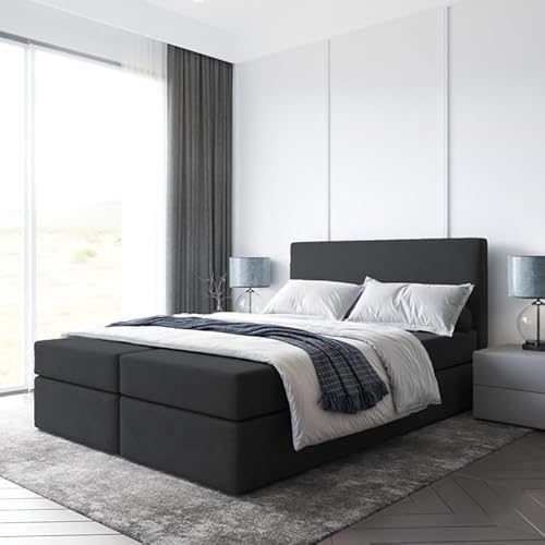 EURO-MOEBEL Bett Doppelbett Boxspringbett TOP mit Topper T25 + 2 Bettkästen, H3 (Schwarz : ITAKA 15, 160 x 200 cm) von EURO-MOEBEL