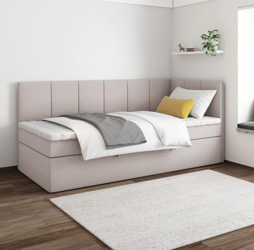 EURO-MOEBEL Bett Einzelbett Boxspringbett Kinderbett Kini ohne Topper H3 Bonell Kinderzimmer Schlafzimmer Bettkasten (Beige - ITAKA 46, 100 x 200 cm) von EURO-MOEBEL